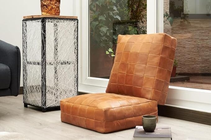 MARRAKESH STYLE Comfortable Leather Ottoman Pouf - Handmade Unstuffed Moroccan Pouf Cover - Square Pouf & Foot Rest Ottoman - Perfect for Living Rooms Bedrooms & Kids Room - Luxury Square Brown