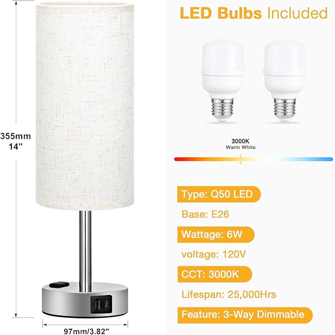 Light Beige Touch Nightstand Lamps Set of 2-3 Way Dimmable Bedside Table Lamps for Bedroom with USB C and A Ports, Small Desk Lamps with AC Outlet for Kids Dorm Nursery