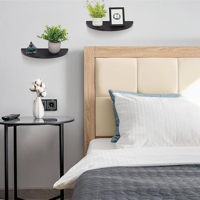Small Floating Plant Shelves Set of 2 - Rustic Wood Half Circle Shelves for Bedroom Living Room Bathroom Kitchen Office (Black)