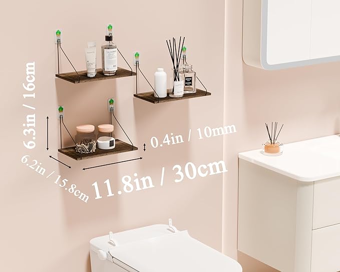 Elevate Your Space with Rustic Wood Floating Shelves Set of 3- Perfect for Bedroom, Living Room, Bathroom, and Kitchen Decor - Easy Installation, No Drilling Needed!
