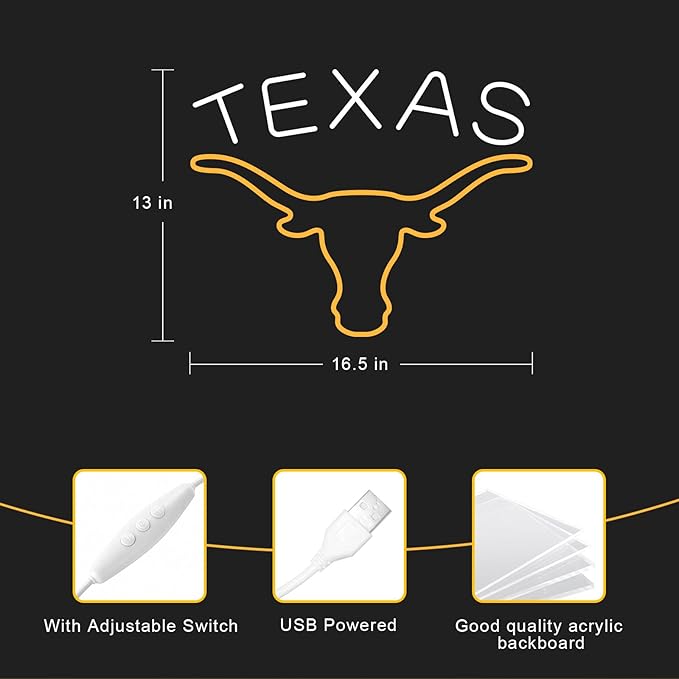 TEXAS Longhorn Neon Sign for Wall Decor -Adjustable Brightness LED Bull Neon Light Signs, Cow Neon Signs - USB Powered Hanging Neon Sign for Game Room, Man Cave, Bar