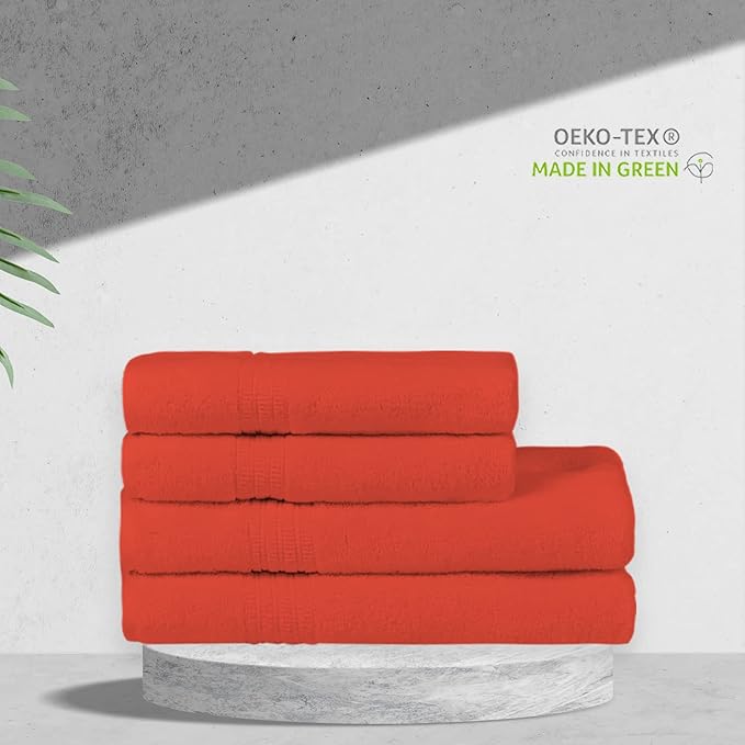 HOMELOVER 4 Piece Towel Set - 100% Organic Cotton 2 Bath Towels & 2 Hand Towels - 500 GSM, Hotel Quality, Soft, Highly Absorbent & Quick Drying Wash Towels for Kitchen & Bathroom (Coral Orange)