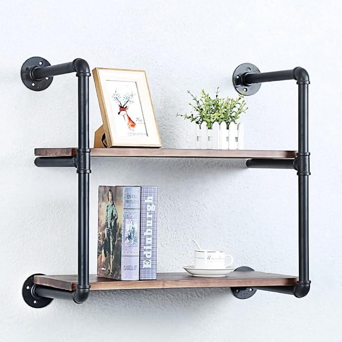 Industrial Pipe Shelving Wall Mounted,24in Rustic Metal Floating Shelves,Steampunk Real Wood Book Shelves,Wall Shelf Unit Bookshelf Hanging Wall Shelves,Farmhouse Kitchen Bar Shelving(2 Tier)
