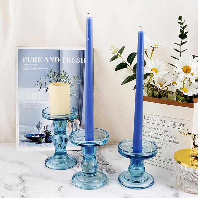 3-Piece Set of Blue Glass Candlestick, Crystal Candlestick Holder Holder and Conical Candle, Christmas Candle Holder Decoration, Family Living Room Wedding Candle Holder (Blue)