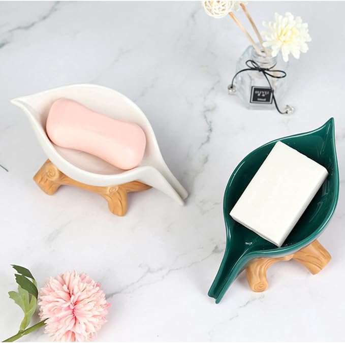Leaf Soap Dish for Shower,Ceramic Soap Holder with Stump Bathroom Ring Dish Holder for Jewelry Engagament Wedding Birthday Gifts White