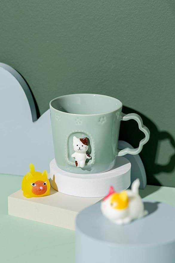 DIHOclub Cat Ceramic Cup Window Animals Mug Cute Cartoon Handmade Figurine Mugs,Holiday and Birthday Gift for Daughter,Son,Kids,9 OZ (Blue)