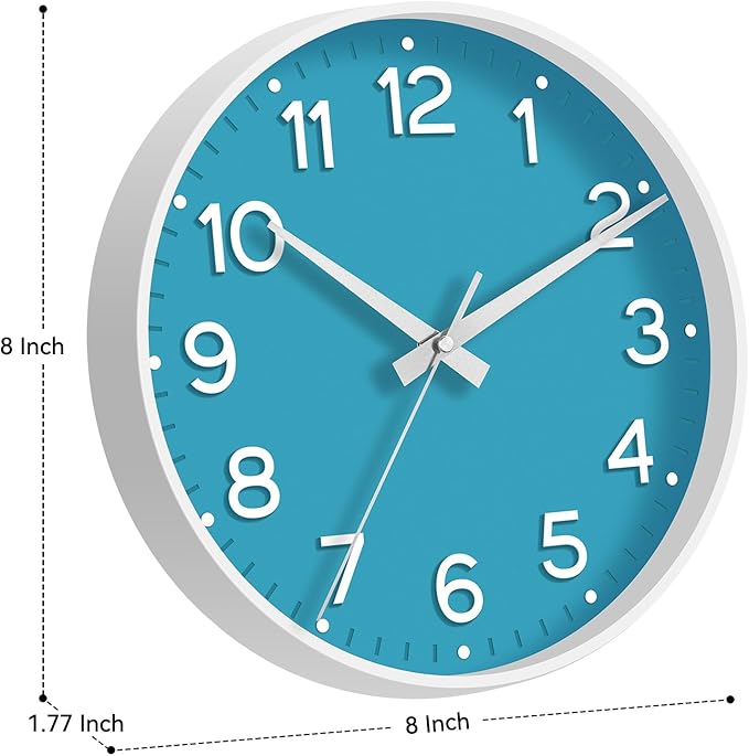 Wall Clock, Silent Wall Clocks Battery Operated 8 Inch-Modern Non Ticking Analog Clock Decorative for Kitchen Office Bathroom Bedroom(Blue)