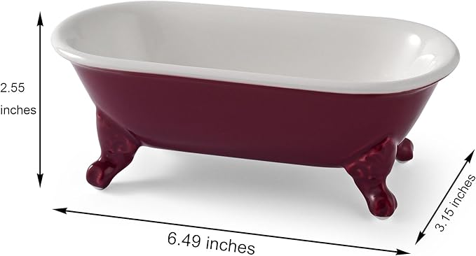 6.5" Ceramic Mini Decorative Clawfoot Bathtub Bar Soap Dish, Kitchen Sponge Holder and Shower Tray for Bathroom, 1 Pack(Burgundy)