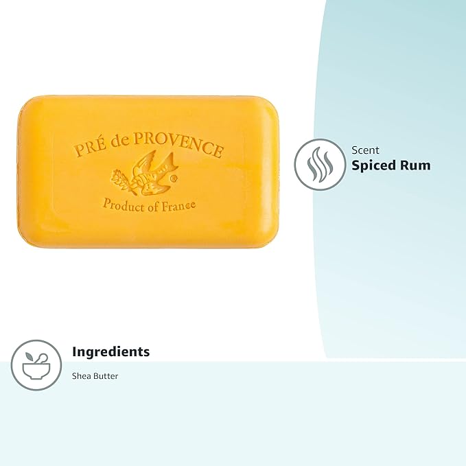 Pre de Provence Artisanal Soap Bar, Natural French Skincare, Enriched with Organic Shea Butter, Quad Milled for Rich, Smooth & Moisturizing Lather, Spiced Rum, 5.3 Ounce