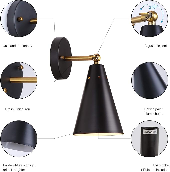 MWZ Modern Black Wall Sconces Lighting, 2 Pack Gold Rustic Lamp Fixture Farmhouse Simplicity Bronze Finish Arm Swing Industrial Wall Lights for Bedroom,Living Room,Reading,Kitchen