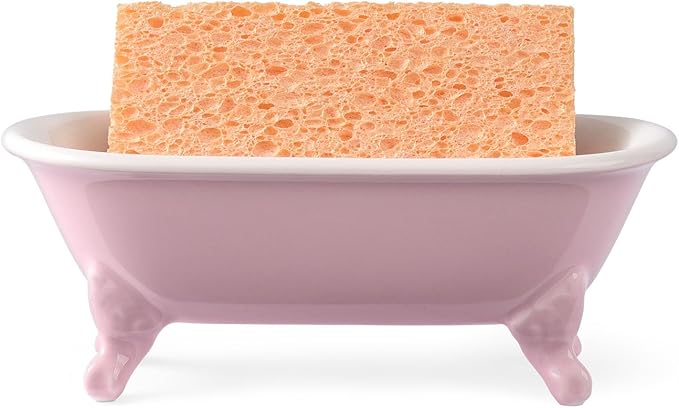 6.5" Ceramic Mini Decorative Clawfoot Bathtub Bar Soap Dish, Kitchen Sponge Holder and Shower Tray for Bathroom, 1 Pack (Pink)