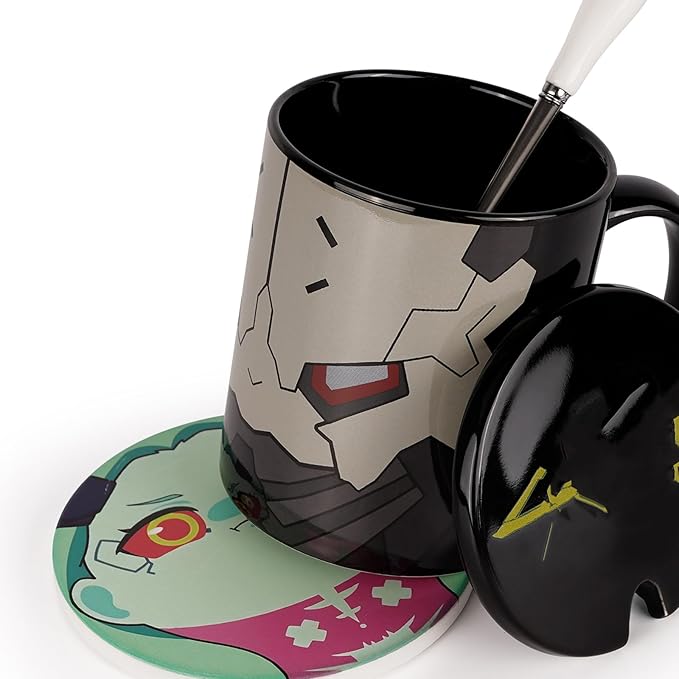 12oz Ceramic Mug Set - 4-piece Coffee Mugs with Lid, Coaster & Spoon - Perfect for Fans of Cyberpunk Aesthetic &Sci-Fi (Black)