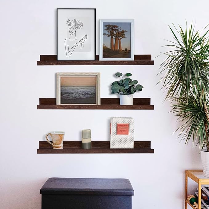 MBYD 16 Inch Wood Floating Shelves Wall Mounted Deep Walnut Picture Ledge Shelf Nursery Book Shelves for Home Decor for Bedrooms, Office, Living Room, Kitchen, 3 Same Sizes