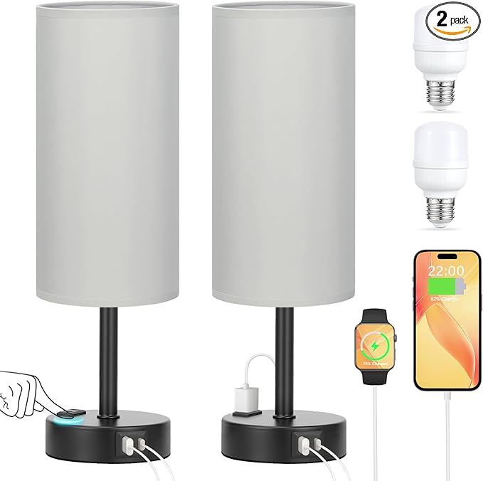 Grey Touch Table Lamps Set of 2-3 Way Dimmable Bedroom Lamps for Bedside with USB C and A Ports, Small Nightstand Lamps with AC Outlet, Desk Lamps with Black Base for Office Boys