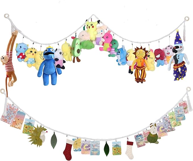 80" Cotton Hanging Storage Chain For Stuffed Animals Storage with 20 Metal Clips Stuffed Animal Display Holder Chain for Wall or Corner Nursery Play Room