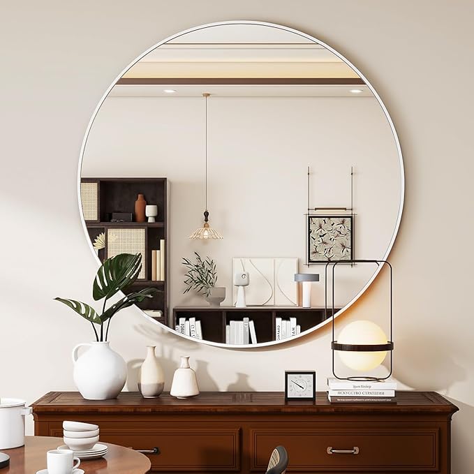 White Round Mirror, 20 Inch Bathroom Mirror with Metal Frame, Wall Wall-Mounted for Entryway, Bathroom, Vanity, Living Room