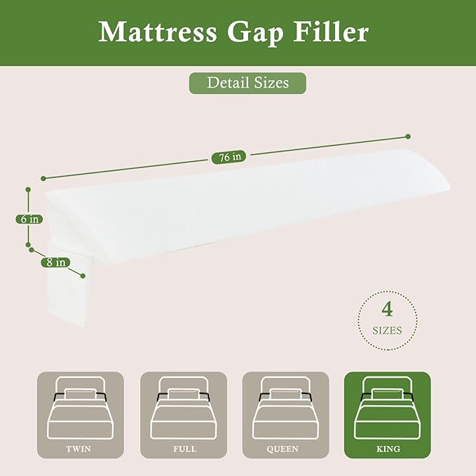 Bed Wedge Pillow for Headboard, Bed Gap Filler King of Headboard Pillow, Mattress Gap Filler Made with Triangle Pillow to Close The Gap (0-8") Between Headboard/Wall and Mattress (White, 76"x8"x 6")