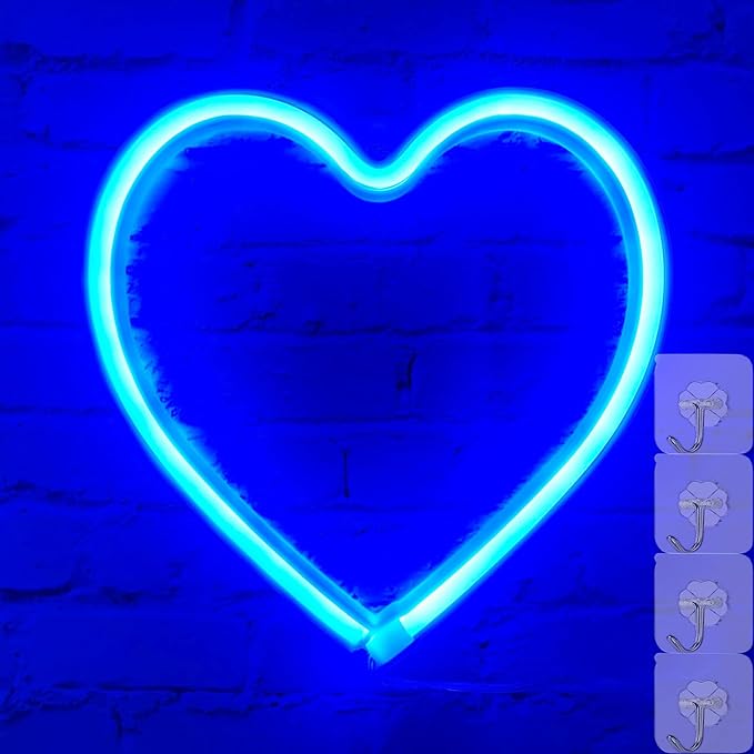 Heart Shaped Lights Blue Heart Neon Light Valentine Heart Lights, Heart Lights Plug in Valentines Led Lights, Hanging Heart Sign Heart Window Light, USB/Battery Operated Heart Lights(Blue)