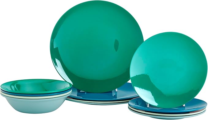 Tabletops Gallery 12 Piece Green Teal Blue Melamine Dinnerware Set Plates Bowls for Indoor Outdoor Use, Service for 4, Peacock