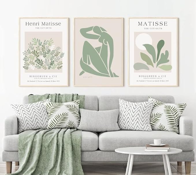Matisse Abstract Wall Posters, Set of 3 Sage Green Wall Posters, No Frame, Quality Canvas Prints for 11 x 14 Inch, Art Posters for Kitchen Bathroom Living Room Bedroom
