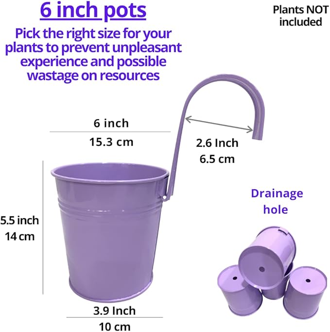 LaLaGreen Hanging Planters Outdoor -10 Pack, 6 Inch Colorful Large Metal Flower Pot, Balcony Planters Railing Hanging Herb Garden Iron Hanging Plant Buckets for Fence Rail Deck Porch Outside Wall