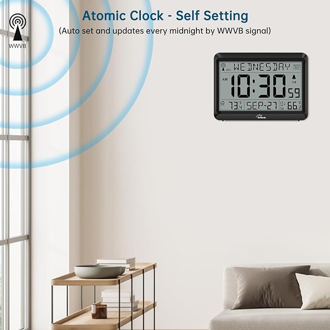 WallarGe Atomic Clock with Indoor Outdoor Temperature, Self-Setting Digital Wall Clock Battery Operated, 4 Time Zones, DST