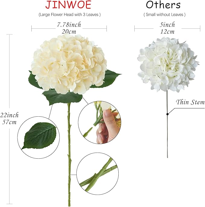 Boho Silk Hydrangea Artificial Flowers, 4Pcs 22" Large Lifelike Flowers,Artificial Hydrangeas for Indoor Bouquet Table Centerpieces Home(Cream/Yellow)