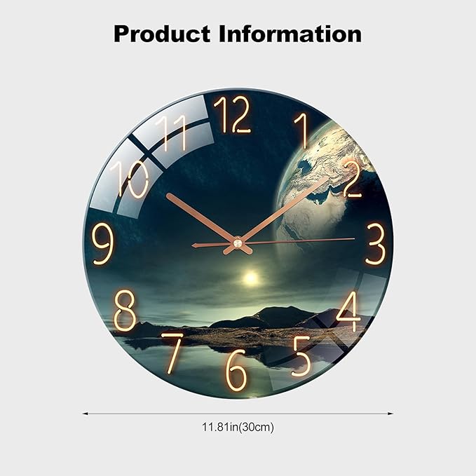 Ergocar Glass Wall Clock Silent Scanning Mechanical Round Glass Wall Clock, Suitable for Living Room, Kitchen, Office.
