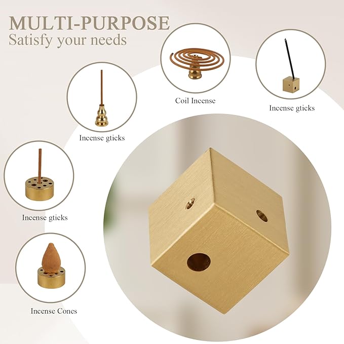 Copper Block Incense Stick Holder, Modern Incense Burner Set for Incense Sticks/Coil Incense/Incense Cones ,Ideal for Smudging,Home Fragrance Decoration