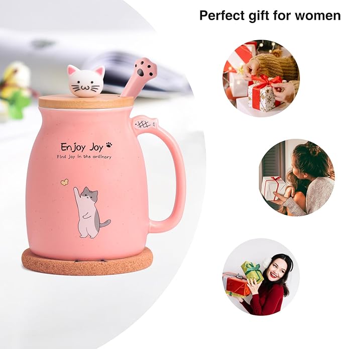 Cute Cat Cup Ceramic Coffee Mug with Kawaii Cat Wooden Lid, Lovely Stainless Steel Spoon, Anime Kitty Thicken Wooden Coaster, Christmas Birthday Cute Thing Japanese Mug 16oz (Pink)