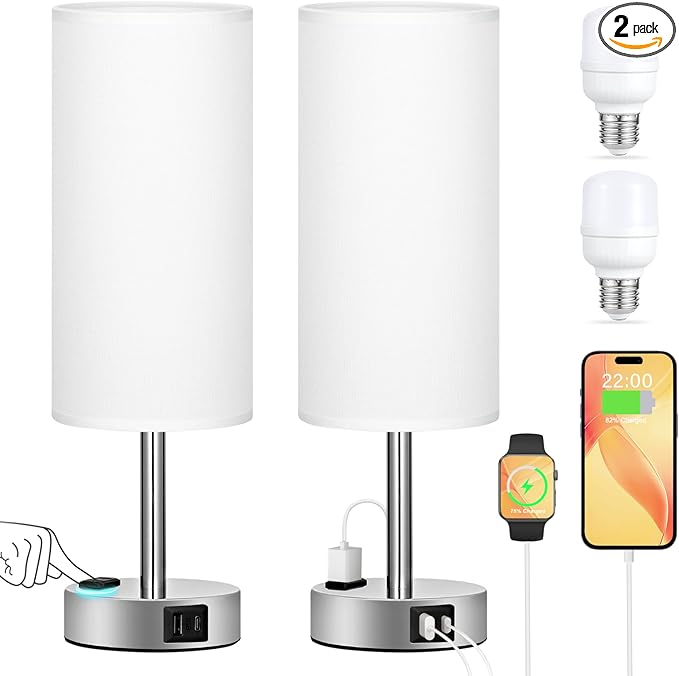 White Touch Nightstand Lamps Set - 3 Way Dimmable Bedside Table Lamp for Bedroom with USB Ports, Small Lamps with AC Outlet for Girls Dorm Nursery, Silver Base