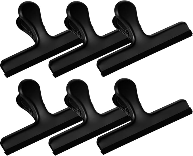 HOUSE AGAIN 6 Pack Stainless Steel Chip Bag Clips Covered with Silicone - NO More Sharp Edges - Color Coded for Food Bags - Air Tight Seal, Heavy Duty for Kitchen and Office, 5 Inches-Black