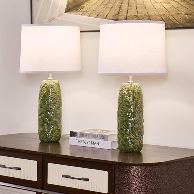 25" Ceramic Table Lamp Green Nightstand Pottery Lamp Set of 2 with White Shade Modern Bedside Desk Lamps with Leaf Pattern for Living Room Bedroom