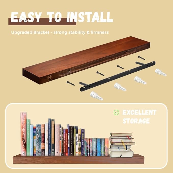 Habudda Floating Shelves, Hanging Wall Wood Shelf for Rustic Home Decor, Bathroom, Bedroom, Kitchen Display, Invisible Bracket, 17", 2 Pack