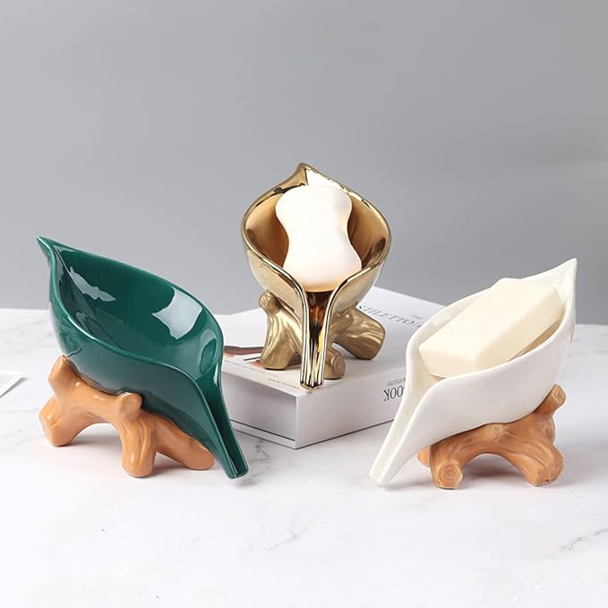 Leaf Soap Dish for Shower,Ceramic Soap Holder with Stump Bathroom Ring Dish Holder for Jewelry Engagament Wedding Birthday Gifts White
