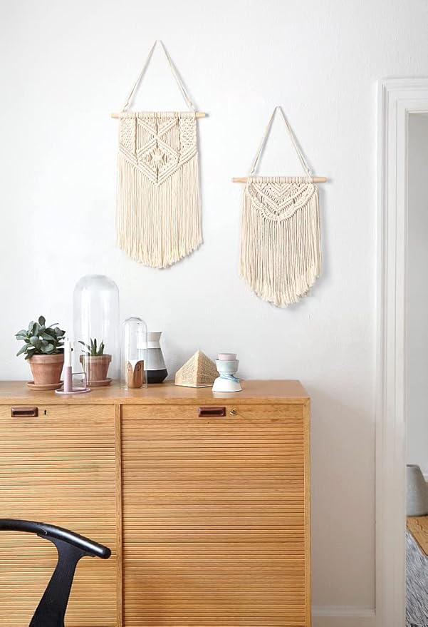 Mkono Macrame Wall Decor 4 Piece Set, 2 Pcs Macrame Wall Hanging Art Boho Wall Decor and 2 Pcs Hanging Shelves Wood Floating Storage Shelf for Bedroom Bathroom Living Room Nursery Dorm Room