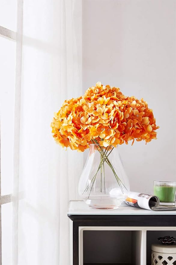 Orange Hydrangea Silk Flower 10 Heads Artificial Hydrangea Silk Flowers for Wedding Centerpieces Bouquets DIY Floral Decor Home Decoration with Long Stems