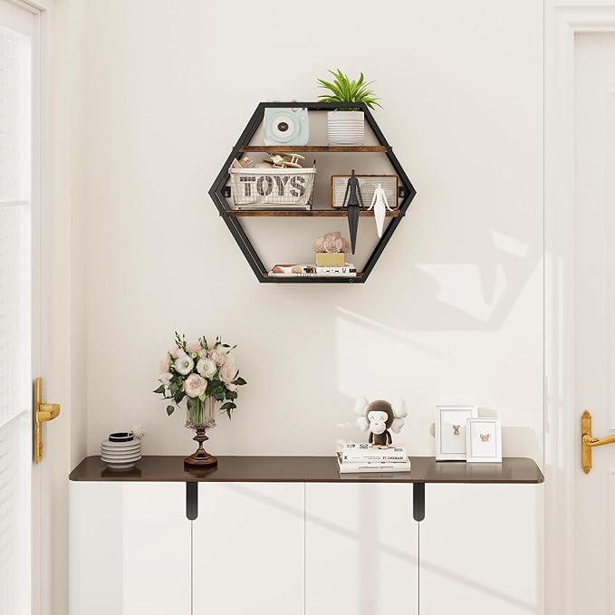 Hexagon Shelves for Wall, Hexagon Floating Shelves, Decorative Geometric Shelf for Wall Decor, Farmhouse Style Shelves for Bathroom Living Room, Rustic Brown Black