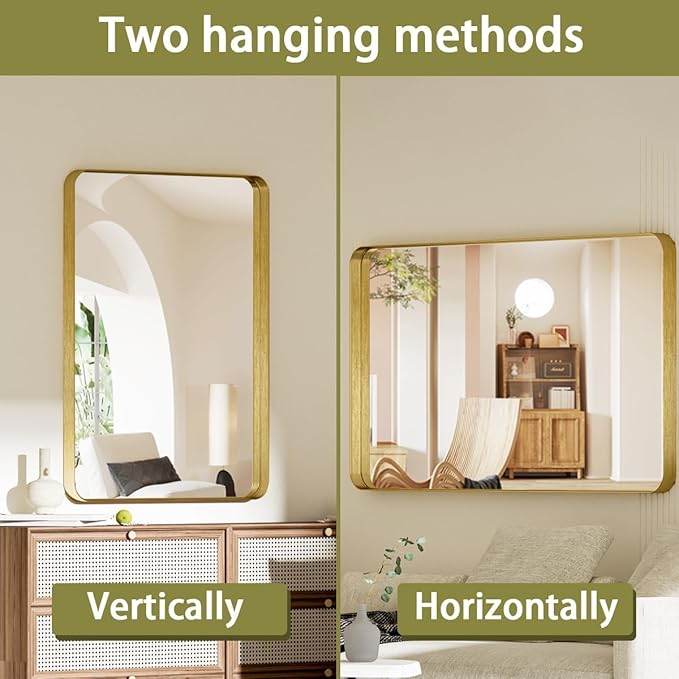 Koonmi Gold Bathroom Mirror for Wall, 30x40 Inch Matte Metal Deep Framed Rounded Corner Wall Mirror, Shatterproof Tempered Glass for Farmhouse Bedroom Entryway, Vertically or Horizontally