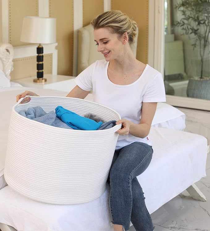 20" x 20" x 15" Extra Large Storage Basket with Lid, Cotton Rope Storage Baskets, Laundry Hamper, Cloth Bin, for Clothes Towels Blankets Pillows Storage in Living Room, Full White Basket with Cover