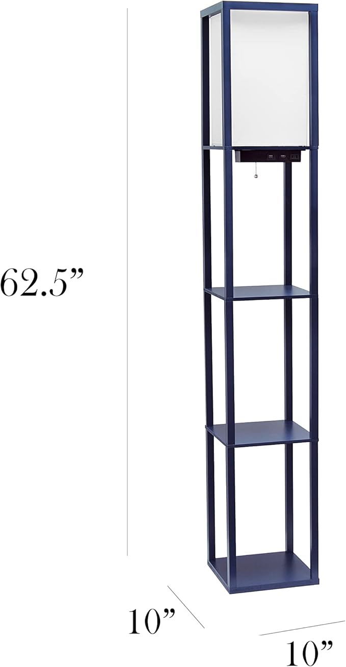 Simple Designs LF1037-NAV Floor Lamp Etagere Organizer Storage Shelf with 2 USB Charging Ports, 1 Charging Outlet and Linen Shade, Navy Blue
