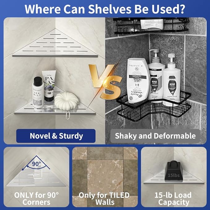 Corner Shower Shelf 10" Polished 304 Stainless Steel Recessed Corner Shelves with Slot Design Bathroom Shelf Racks for Tiled Wall, 2 Pack