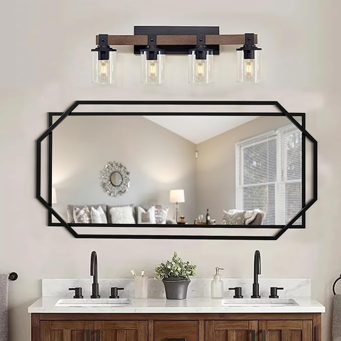 Black Large Decorative Bathroom Wall Mirror for Wall with Metal Frame, Modern Octagonal Horizontal Mirror for Living Room, Bedroom, Entryway (55"x28")