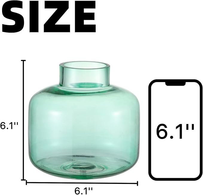 Green Glass Vase, Short Flower Vase, Round Glass Vases for Flowers, 6 Inch Small Glass Vases for Living Room, Dining Table, Wedding, Bookshelf, Office, Coffee Table