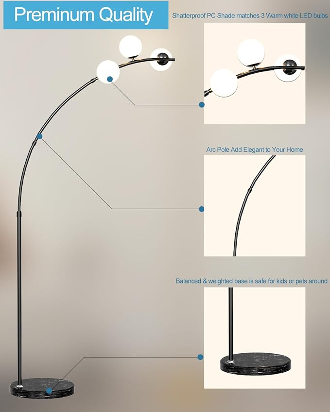 Lightdot 3 Globe Arc Floor Lamp - Contemporary Black Arc Lamp with Shatterproof Shade, LED Bulbs Included for Living Room, Bedroom & Home Office