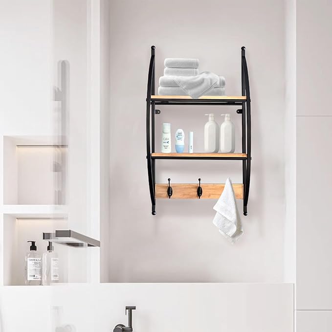 AGILE&KEEN Wall Mounted Bathroom Shelf, 2-Tier Wood and Iron Storage Rack with Hooks, Black Metal Frame 16" W X 7" D X 29" H