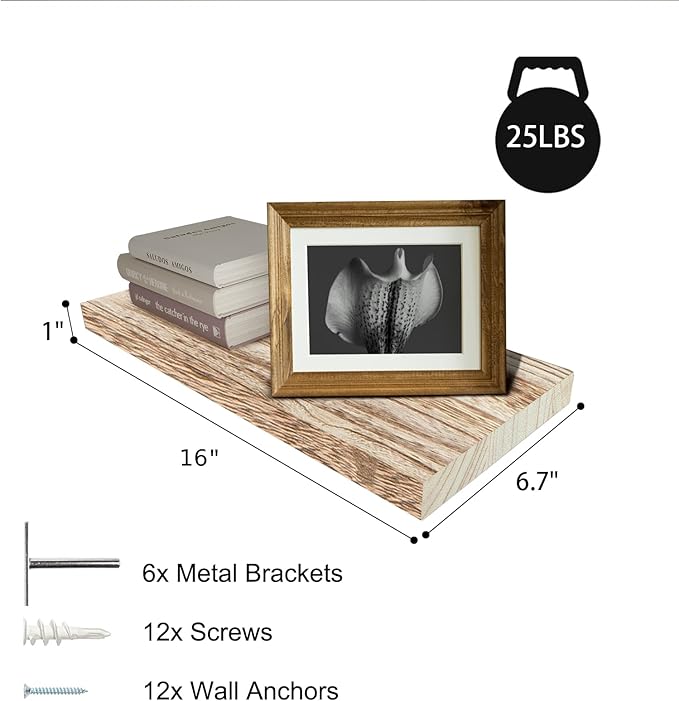 Floating Shelves Wall Shelf Solid Wood Mounted Storage for Bedroom Living Room Set of 3, Rustic Torched Wall Shelves