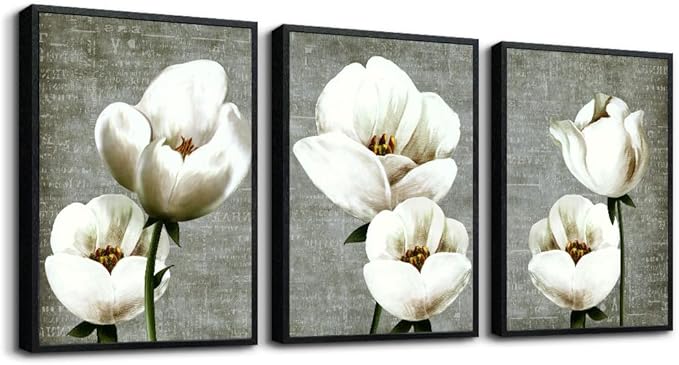 TTHYUEWS Black Framed Wall Art For Living Room Wall Decor For Bedroom Kitchen Decor Gray Green Vintage Style White Flowers Wall Painting Abstract Pictures Prints Artwork Modern Room Decor 3 Panels