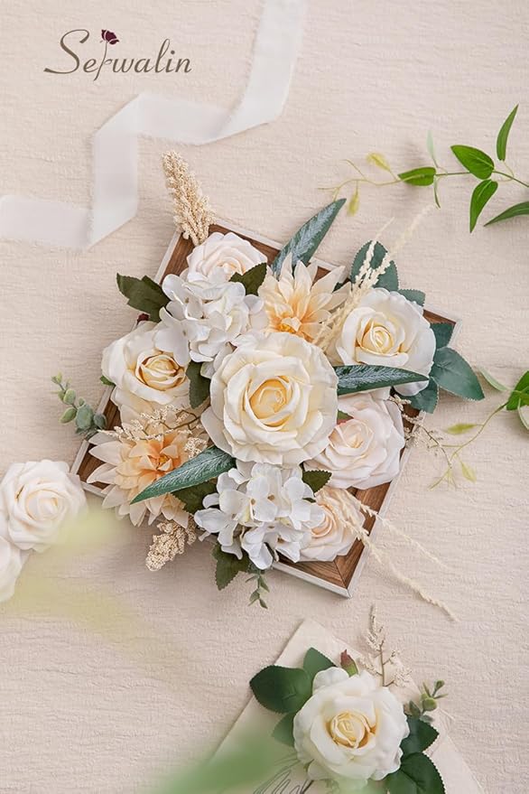 Serwalin Artificial Flowers Boho Champagne Fake Silk Flowers for DIY Wedding Bridal Bouquets, Wedding Cake Flowers for Table Centerpieces Arrangements Party Baby Shower Home Decorations