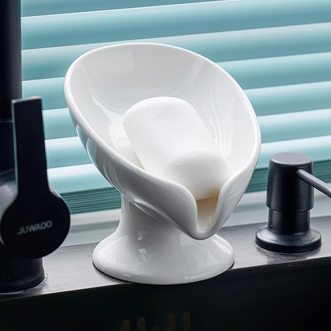 Soap Dish, Soap Holder Self Draining Leaf Shape Soap Dishes,White Ceramic Draining Soap Tray for Shower, Bathroom Sink, Kitchen (Large Size-White, 1)